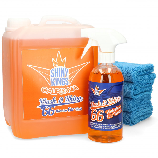 Wash&Shine 66 waterless car wash. 5,5 Liter XXL Set wasserlos auto waschen. Trockenreiniger von Shinykings California  für kratzfreie Auto und Wohnmobilwäsche mit Ultraglanz. . Inklusive 4 Spezial Reinigungstüchern mit kombinierten Hoch und Niederfloor. S